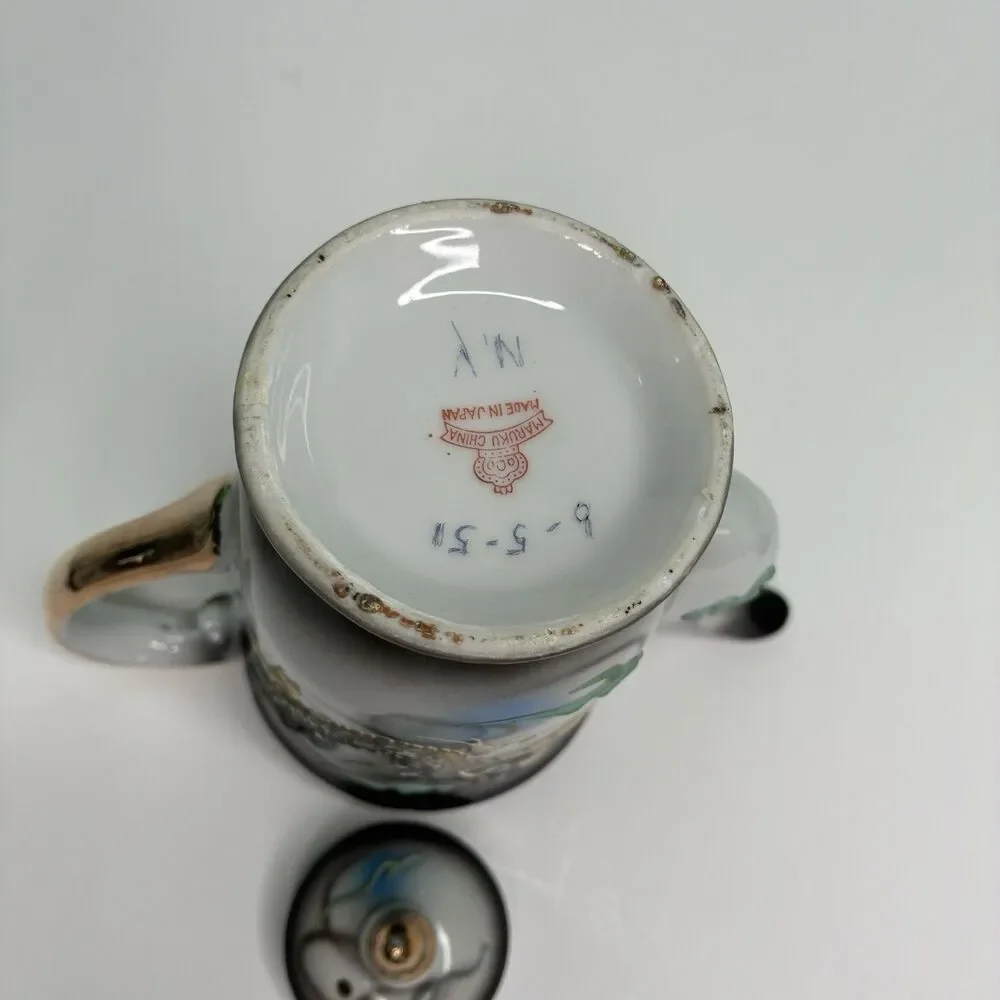 Dragonware Japan Moriage Lithophane Black Gray Blue Tea Pot Creamer Sugar Set